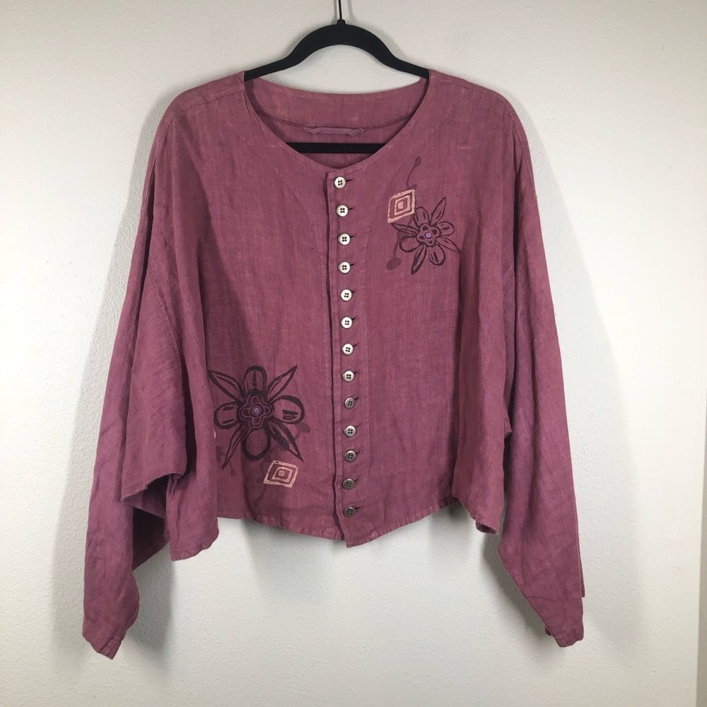 Blue Fish Clothing Linen Button Front Blouse Top Cardigan Pink Hand Painted 2